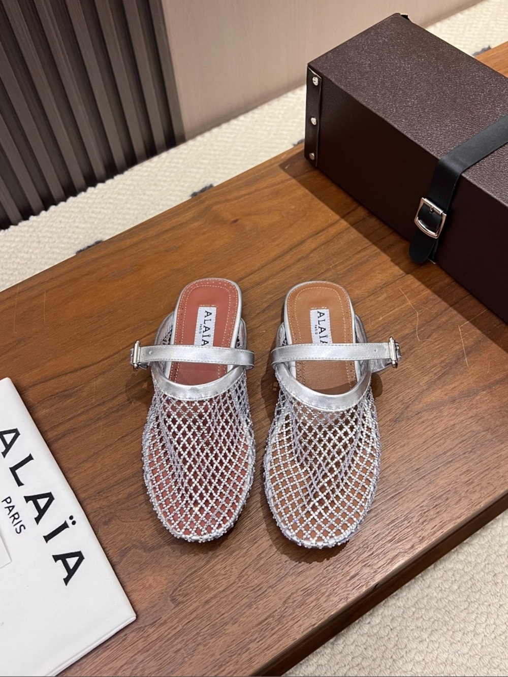 Alaia Silver Crystal Mesh Buckle Mules